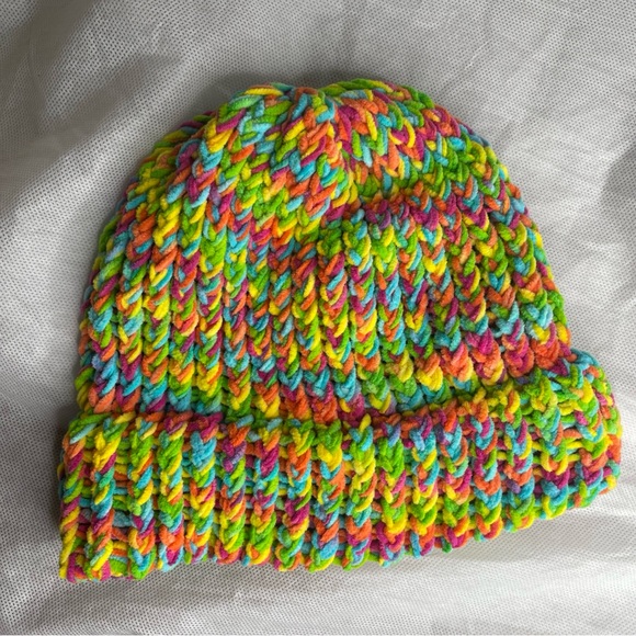 Handmade Crochet Terry Towel Strata Striped Rainbow Beanie Hat Super Soft OSFM - Picture 10 of 10